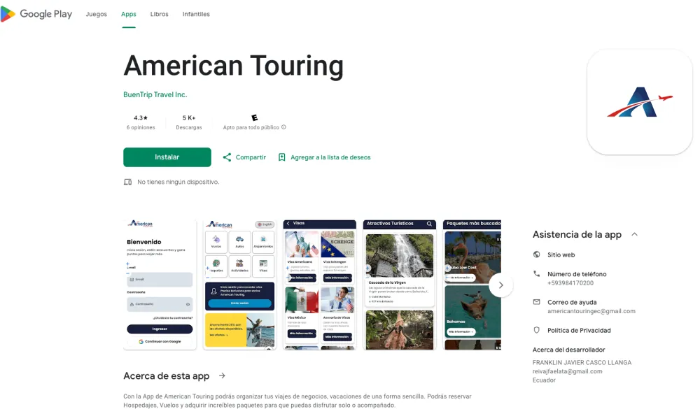 Página de inicio de American Touring Android