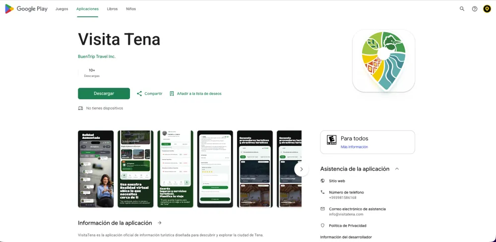 Página de inicio de Visita Tena Android App