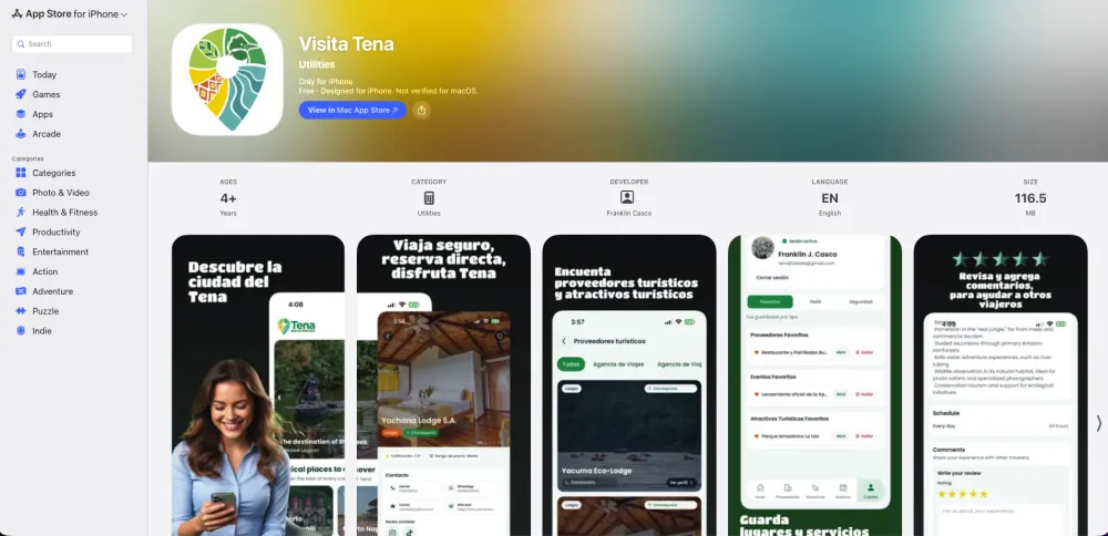 Página de inicio de Visita Tena iOS App